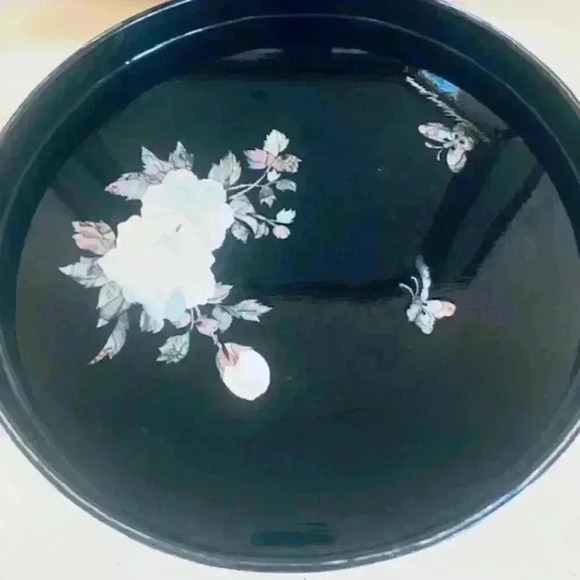 vintage round black lacquer with mother of pearl inlay tray - Picture 3 of 8